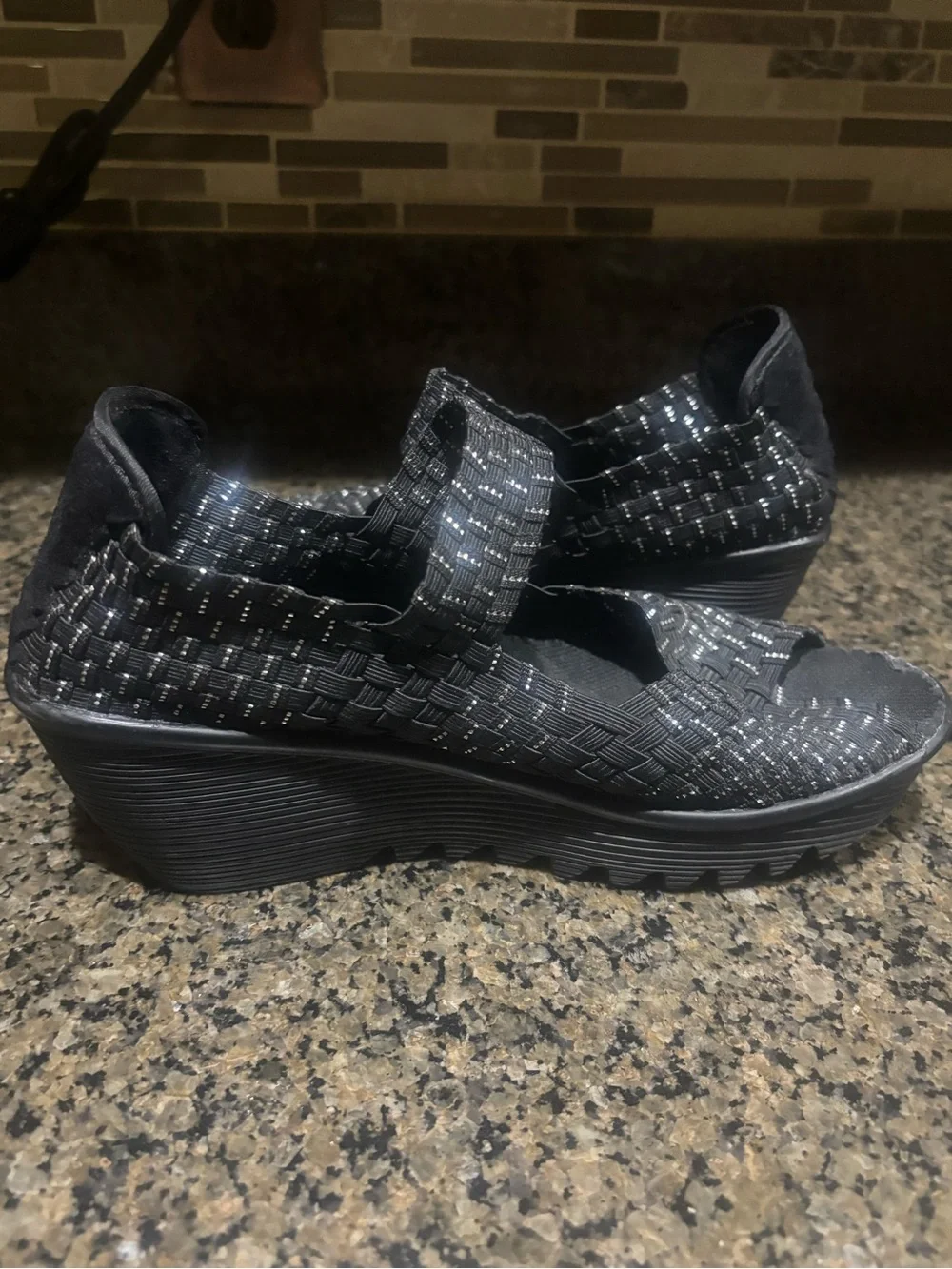 bernie mev. Black Woven Elastic Platform Espadrilles